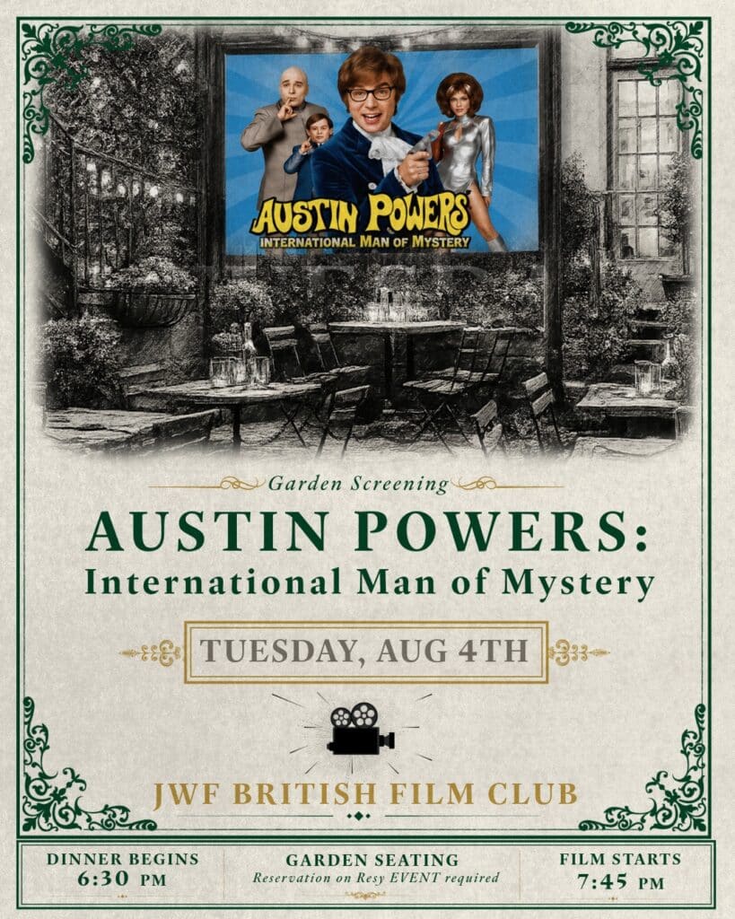 Austin Powers: International Man of Mystery garden screening movie poster featuring the film artwork, outdoor cinema setting, and event details for the JWF British Film Club.